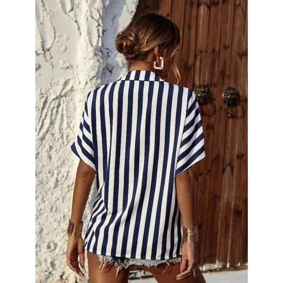 Vertical Striped button up short sleeve top boho gray white - Picture 8 of 9